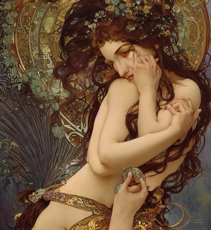 Image similar to unreal engine render + a goddess, smooth, coherent, high detailed, by Karol Bak outlines by Alphonse Mucha, featured on artstation, instagram HD, unreal engine