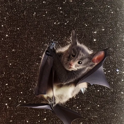 Prompt: a long exposure shot of a bat kitten working on a readymade object, archival pigment print