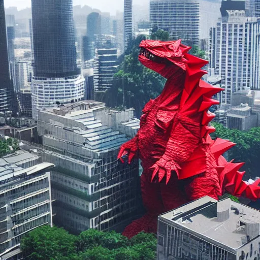 Image similar to origami giant godzilla, tearing through a city, birds eye view