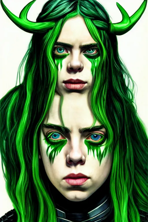 Prompt: Billie Eilish as female loki by Ian Srigger, hyper detail, hyper realistic