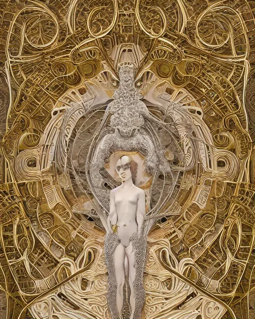 Image similar to symmetry, intracate white marble bas relief sculpture of a woman, gold wire inlay, thousands of crabs, thousands of spiders, thousands of tarantulas, highly detailed, intricately detailed, art nuevo, octane, 8 k, hdr, art by hr geiger and ridley scott and alphonse mucha, trending on artstation