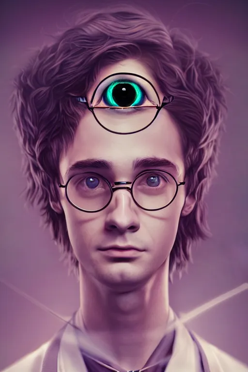 Image similar to Portrait of a harry potter with a cybernetic implanted eye, elegant, photorealistic, highly detailed, artstation, smooth, sharp focus, cyberpunk ornaments, neon lighting, sci-fi, art by Klimt