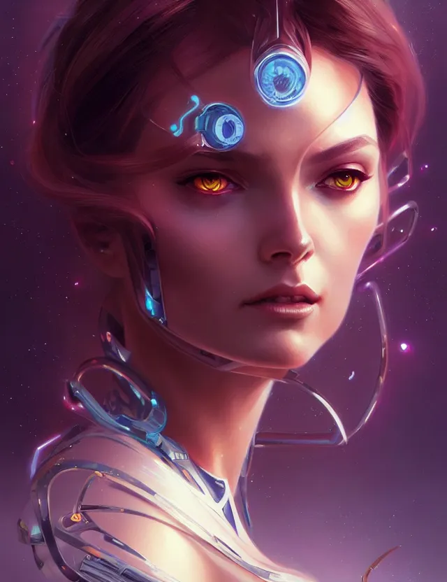 Image similar to futuristic woman portrait, sci-fi, amber eyes, face, long hair, fantasy, intricate, elegant, highly detailed, digital painting, artstation, concept art, smooth, sharp focus, illustration, art by artgerm and greg rutkowski and alphonse mucha