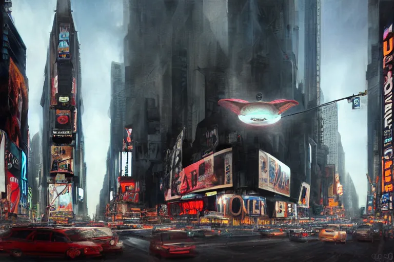 Image similar to ufo over timesquare nyc, concept art, intricate details, eerie, highly detailed, photorealistic, octane render, 8 k, unreal engine. art by greg rutkowski and james gurney and h r giger