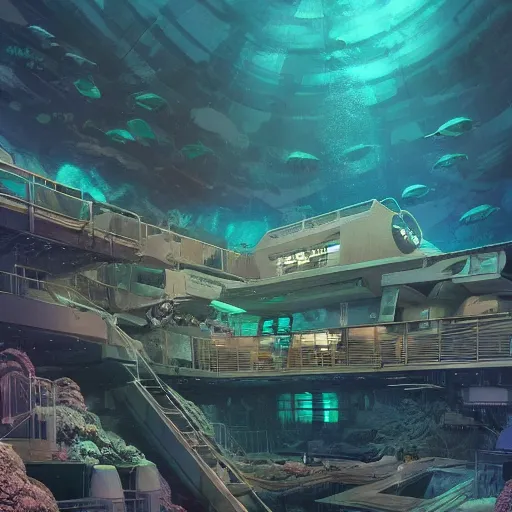 Prompt: underwater spy facility, grand obsessive compendium. intricate artwork, by tooth wu, wlop, beeple, dan mumford. concept art, octane render, trending on artstation, greg rutkowski very coherent symmetrical artwork. key art, high detail, octane render, 8 k, iridescent accents