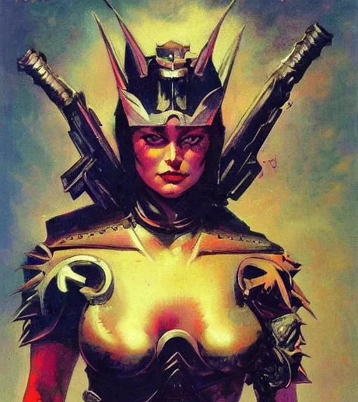 Image similar to portrait of strong female chaos angel, beautiful! coherent! by frank frazetta, by brom, strong line, vivid neon color, spiked metal armor, iron helmet maximalist