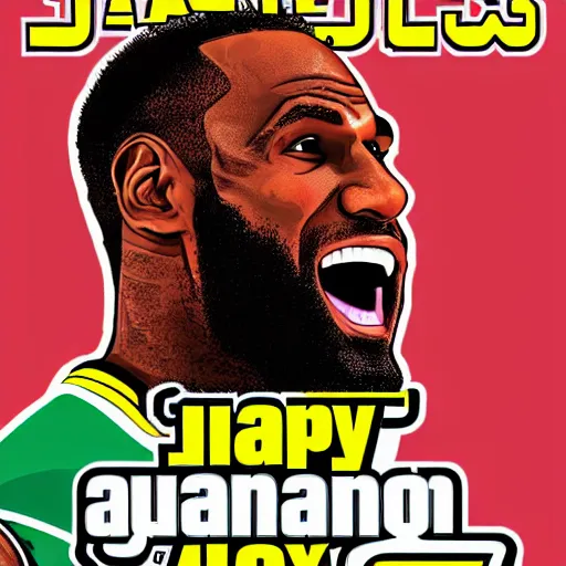Prompt: happy lebron james, gta v cover art, art by stephen bliss