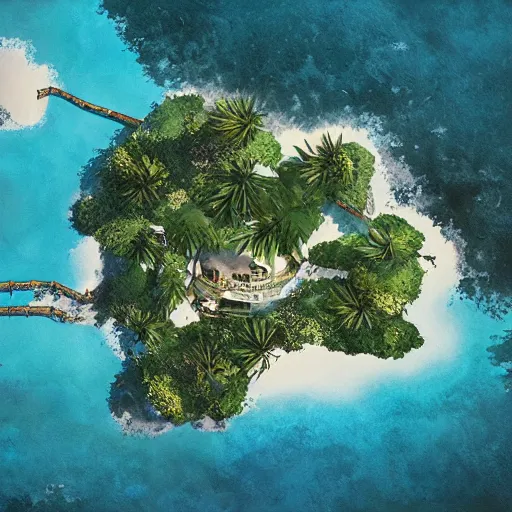 Image similar to a beautiful render of a dreamy anime island paradise from above by makoto shinkai, soft details, graphic art