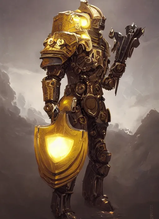 Image similar to dynamic portrait of a intricate glorious holy mechanical warforged character in yellow armor holding a paladin engraved great longsword drawn and carrying a big paladin shield, spotlight from face , epic , trending on ArtStation, masterpiece, cinematic lighting, by Greg Rutkowski and by Ross Tran