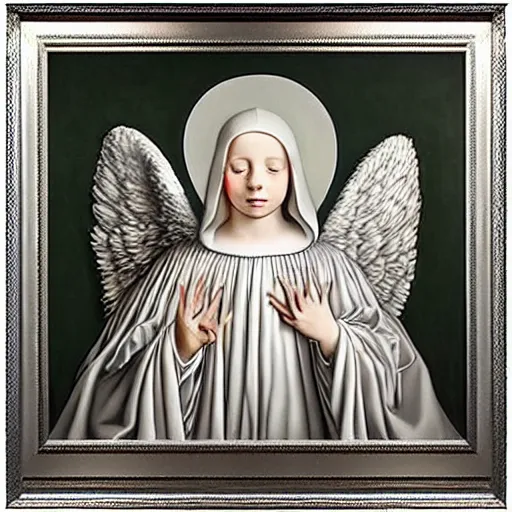 Image similar to highdetailed hyperrealistic painting of white angel!!! no gender smiling noface!!!, light instead of hands, white sparkles everywhere, 4 k hd face!!!, big silver high detailed wings!!!, renaissance, by jan van eyck, holography space, glow effect, large strokes, monochrome!!!!!