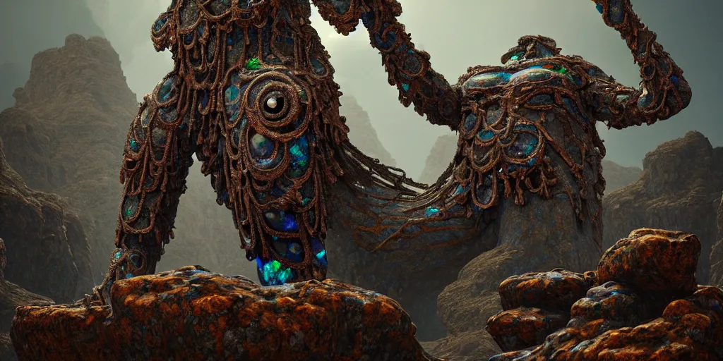 Prompt: ancient giant dead god made entirely of opal in desolate and lush landscape, moody, :: by James Jean, Jeff Koons, Daniel Merrian :: ornate, dynamic, particulate, rich colors, intricate, elegant, highly detailed, centered, artstation, smooth, sharp focus, octane render, 3d