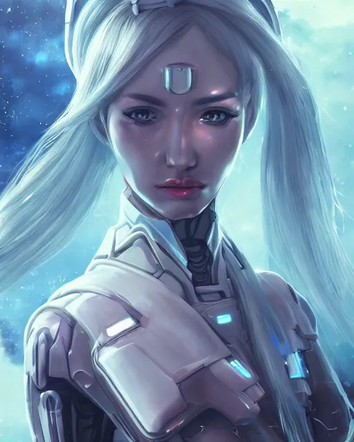 Image similar to beautiful android girl on a mothership, warframe armor, pretty face, scifi, futuristic, galaxy, raytracing, dreamy, perfect, digital painting, long white hair, blue cyborg eyes, sharp focus, intricate, highly detailed, artstation, intricate, innocent, art by gauthier leblanc, kazuya takahashi, huifeng huang