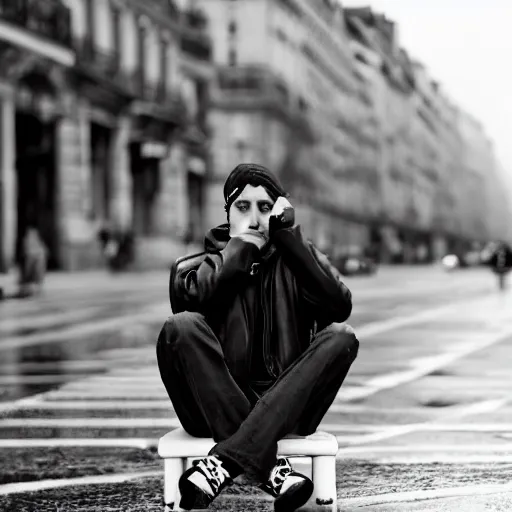 Image similar to black and white fashion photograph, highly detailed portrait of a depressed white drug dealer sitting on a bench on a busy Paris street, looking into camera, eye contact, natural light, rain, mist, lomo, fashion photography, film grain, motion blur, soft vignette, sigma 85mm f/1.4 1/10 sec shutter