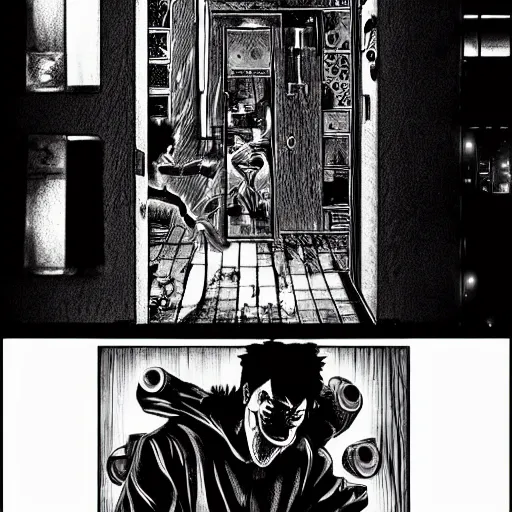 Image similar to close-up scene neighbor holding a drill and drilling holes in a room, all wall is drilled with holes, manga, professional manga artwork, very detailed, black and white manga horror in style of junji ito, kentaro miura, Tsutomu Nihei