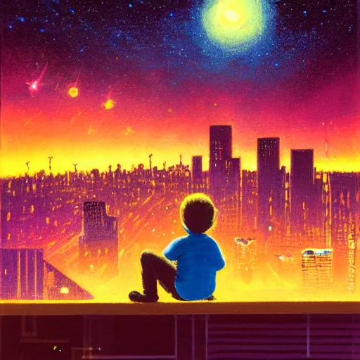 Image similar to a kid in a big city, sits on a rooftop, watches a beautiful night full of stars and tech buildings, dramatic, by paul lehr