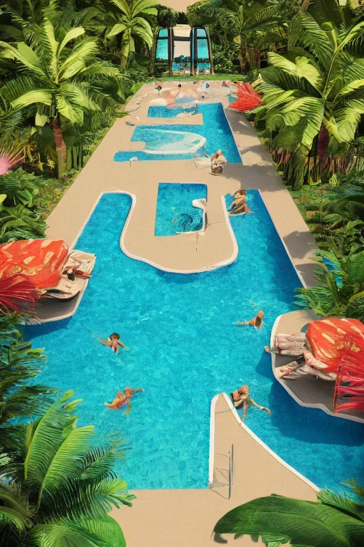 Image similar to summer swimming party, dark fantasy, Hawaii, symmetry, octane render