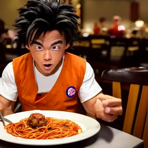 Image similar to goku sitting at a table at olive garden while he eats a plate of spaghetti and meatballs