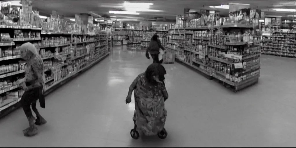 Prompt: elderly goblin women sneaking through abandoned grocery store aisle, screenshot of found footage, flash photography