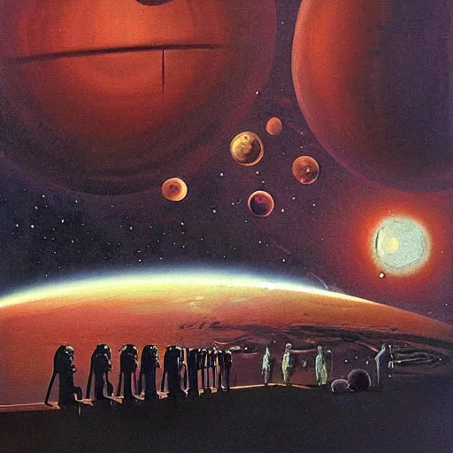 Image similar to oil painting of “the first explorers on Venus” vintage scifi art by Vincent Di Fate