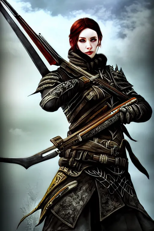 Image similar to Eir Stegalkin holding a rifle of Guild Wars 2, digital art, hyper-realistic, highly detailed