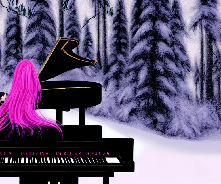 Prompt: a beautiful face gothic girl, pink hair in a stunning black dress playing a piano in the dark snowy forest by zatzka, hans, matte painting, illustration