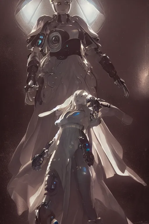 Image similar to beautiful cyborg priestess, scifi, perfect face, futuristic, elegant cape, aura of light, glow, nier automata, concept art, decorations, sharp focus, inside a space ship, trending on artstation, hwang se - on, intricate, advanced technology, art by roman makarenko