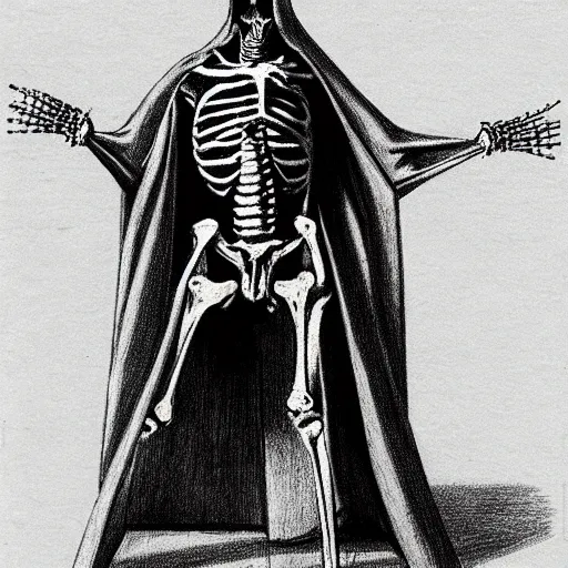 Prompt: a vintage drawing of a skeleton in a cloak made of shadows of the dead