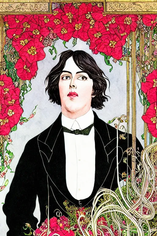 Prompt: realistic portrait of oscar wilde in the center of an ornate red velvet curtain frame with flowers growing, detailed art by kay nielsen and walter crane, illustration style, watercolor