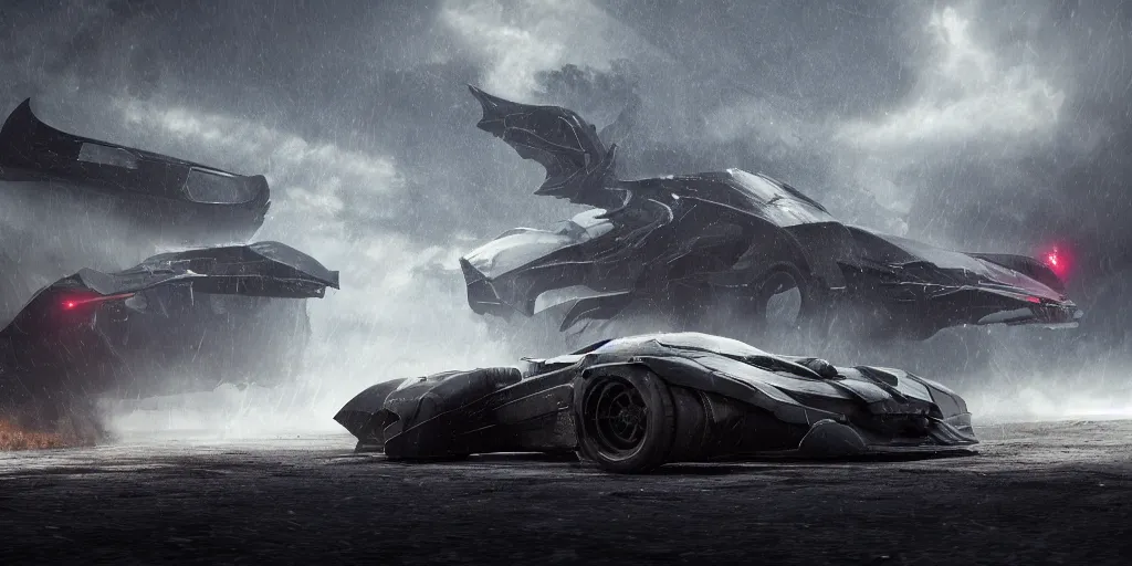 Image similar to the batmobile caught in the flow of time. octane render. 8 k. dark. atmospheric. cinematic. spectacular. sense of awe. debris. mist. strong winds. super slowmotion. matte painting painted by sparth and craig mullins