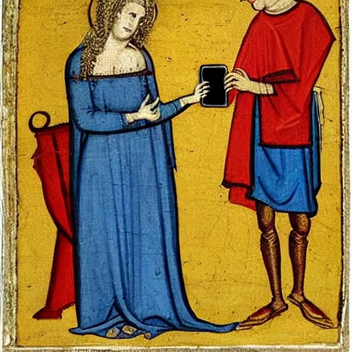 Image similar to medieval painting of the devil tempting a woman checking her iphone