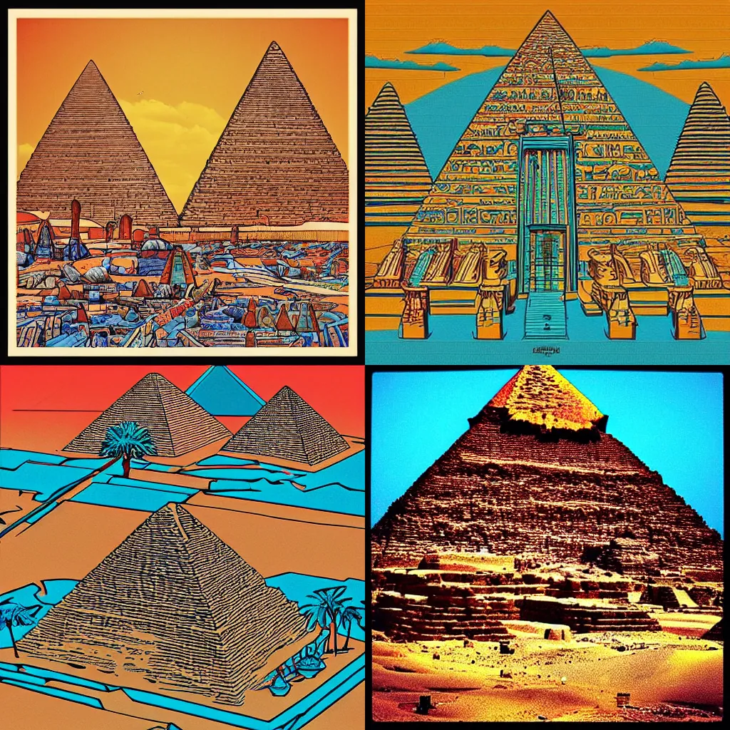 Prompt: “pyramids of Egypt, colored album art, in the style of James Jean”