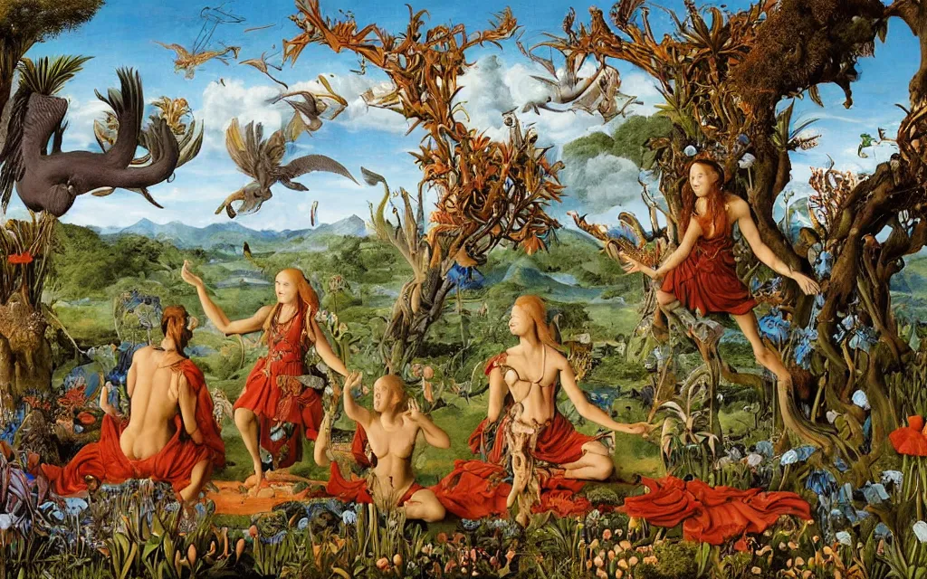 Prompt: a portrait photograph of a meditating harpy and a centaur king hunting tropical aliens at a wide river delta. surrounded by bulbous flowers, animals, trees and mushrooms. mountain range under a vast blue sky of burning stars. painted by jan van eyck, max ernst, ernst haeckel and artgerm, cgsociety, artstation, fashion editorial