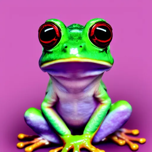 Prompt: portrait of a frog with purple eyes