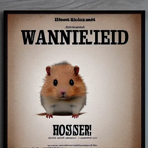 Prompt: a wanted poster of a hamster with shiny fur and big wet eyes