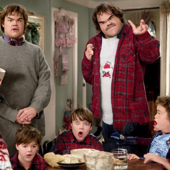 Image similar to jack black starring in home alone with will ferrell, 8 k,