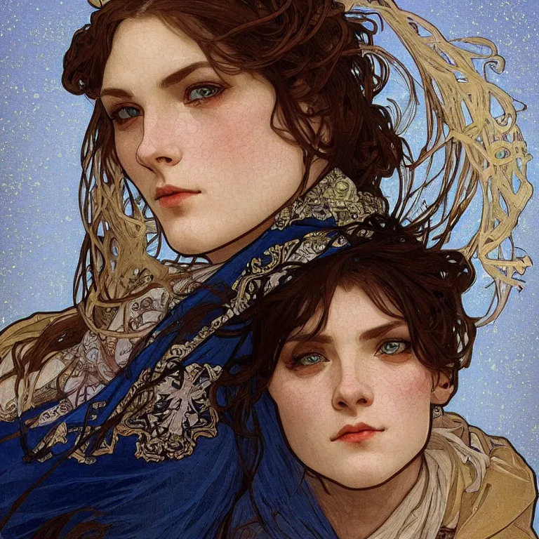Prompt: Portrait close-up of a Slavic female cleric with kerchief covering her ears. Blue eyes, black hair, porcelain skin, full lips, high slanted cheekbones. Fantasy art by alphonse mucha, intricate, elegant, highly detailed, dramatic lighting, illustration, award winning on artstation, D&D, Dungeons and Dragons.