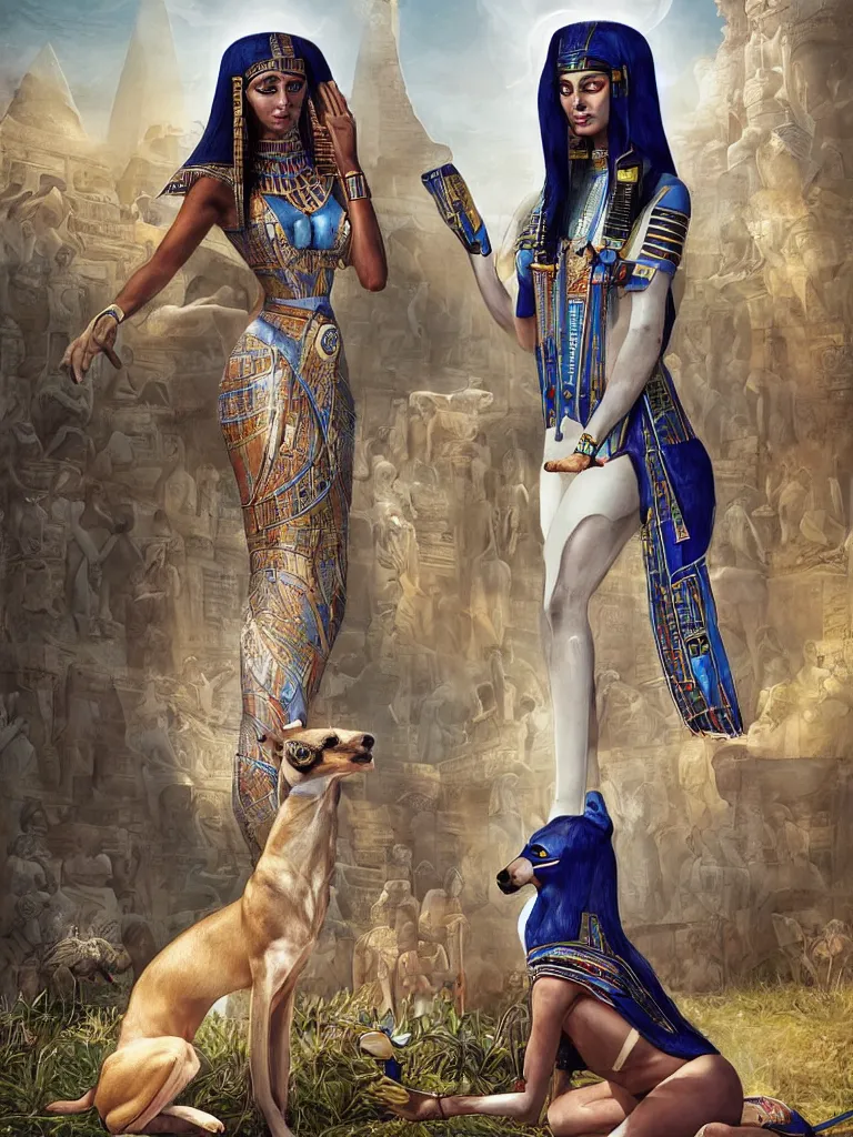 Image similar to portrait of a beautiful female ancient Egyptian goddess next to the god Anubis as a whippet, blue lotus flowers grow around them, by Alessio Albi, painted by Artgerm, by Marc Simonetti