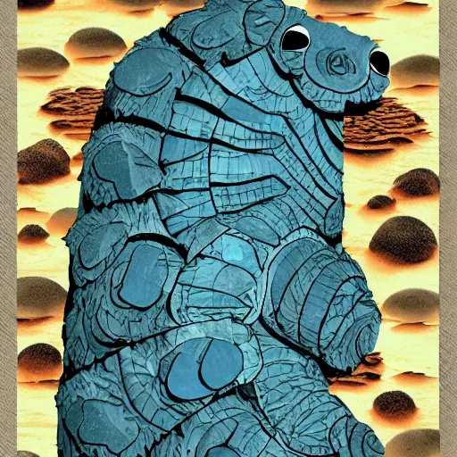 Prompt: collage art representing a Kaiju shaped like a water bear in a desert