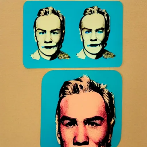 Image similar to володимир олександрович зеленськии. face like in his photographs. intricate sticker design by andy warhol