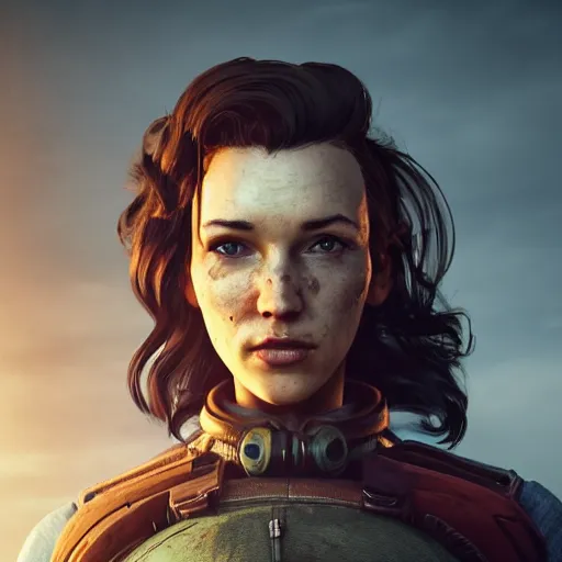 Prompt: fallout 5, charismatic beautiful rugged brunette female protagonist, portrait, outdoorsin front of vault 1 5 6, atmospheric lighting, painted, intricate, volumetric lighting, beautiful, daytime, sunny weather, slight overcast, sharp focus, deep colours, ultra detailed, by leesha hannigan, ross tran, thierry doizon, kai carpenter, ignacio fernandez rios