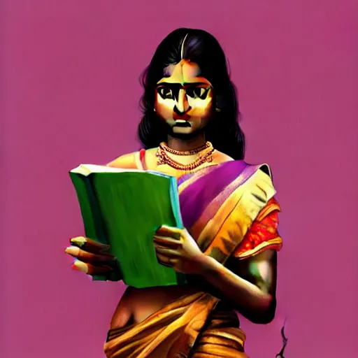 Image similar to hyperrealistic painting of a beautiful young tamil woman holding a notebook while a woman and three men emerge out of the book like genies, detailed digital art, trending on artstation