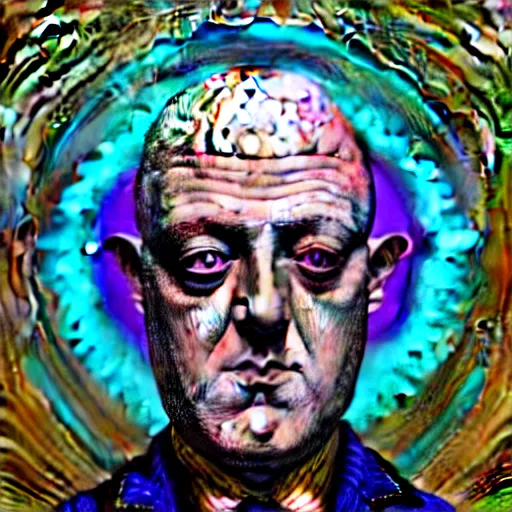 Image similar to An extremely psychedelic portrait of Aleister Crowley, surreal, LSD, face, detailed, intricate, elegant, lithe, highly detailed, digital painting, artstation, concept art, smooth, sharp focus, illustration