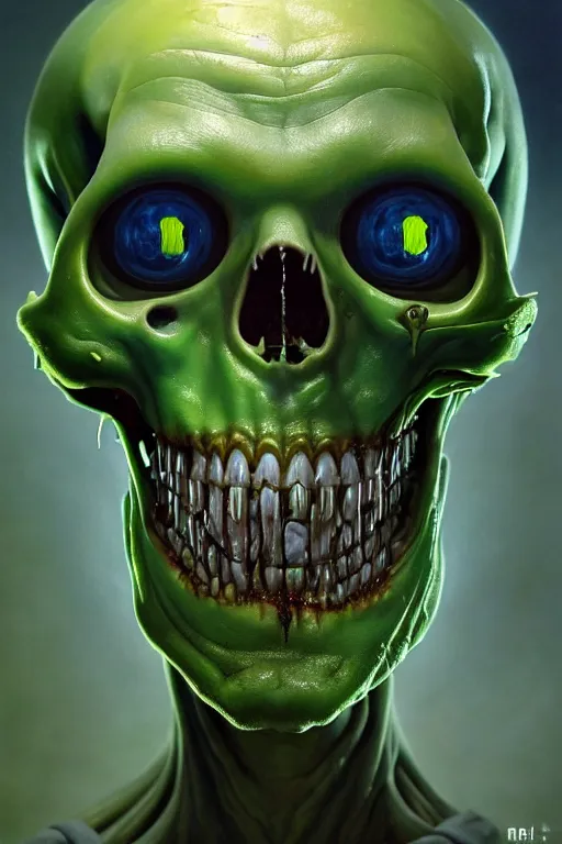 Image similar to a beautiful oil painting hyperrealism of a happy smiling zombie head, green bulging eyes, rotten green skin, grey beard, blue veins, skull bones, moody lighting, 8 k resolution, octane render, trending on artstation, by h. r. giger and greg rutkowski