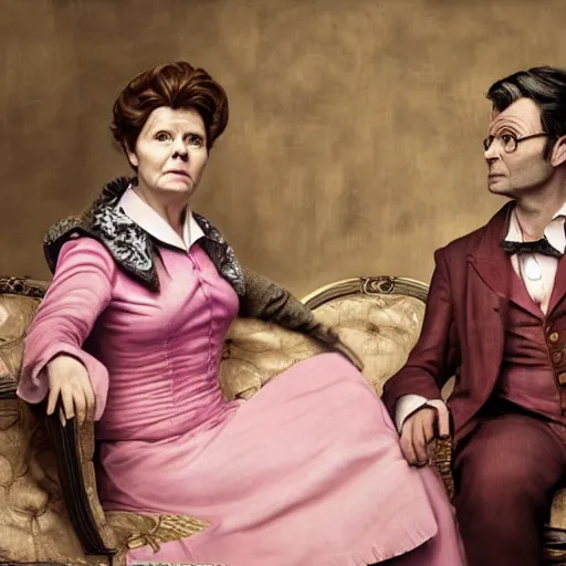 Prompt: david tennant and imelda staunton as dolores umbridge in pink clothes with the tenth doctor who, highly detailed, artstation, concept art, smooth, sharp focus, illustration, perfect face, art by willem claesz. heda, nikolay makovsky, jacek malczewski, arthur hughes, edward okun, franz xaver winterhalter