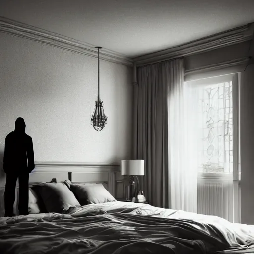 Image similar to a shadow figure standing in front of the bed while a person sleeps in it, volumetric lighting, 8 k octane beautifully detailed render, post - processing, extremely hyper - detailed, intricate, epic composition, cinematic lighting, masterpiece, trending on artstation, detailed detailed detailed, masterpiece, stunning art by anders zorn, wonderful masterpiece by greg rutkowski, beautiful cinematic light,