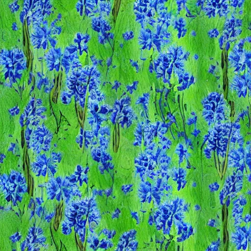 Image similar to an endless plain of blue flowers, a distant rainforest, gigantic trees in the style of avatar, h 7 0 4