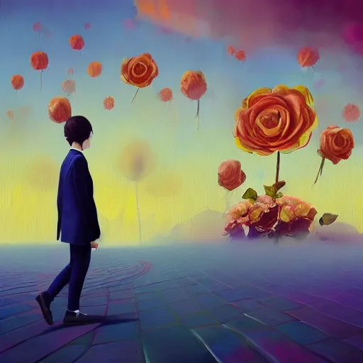 Image similar to portrait, giant rose flower head, girl walking in a suit, surreal photography, sunrise, blue sky, dramatic light, impressionist painting, digital painting, artstation, simon stalenhag