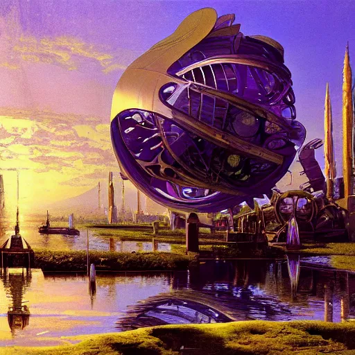 Image similar to painting of syd mead artlilery scifi organic shaped radio station with ornate metal work lands on a body of water, fossil ornaments, volumetric lights, purple sun, andreas achenbach