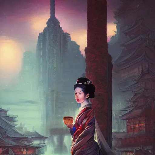 Prompt: portrait of geisha, atmospheric lighting, painted, intricate, volumetric lighting, beautiful, rich deep colours masterpiece, sharp focus, ultra detailed, in the style of Dan Mumford and marc simonetti, futuristic temple in the background,