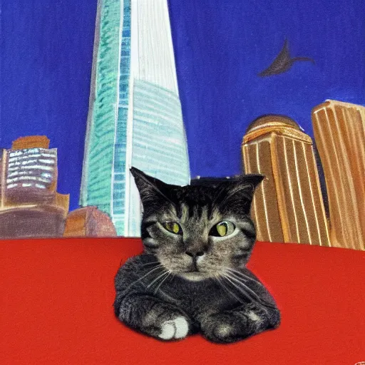 Prompt: a daydream scene of a skyscraper and a cat